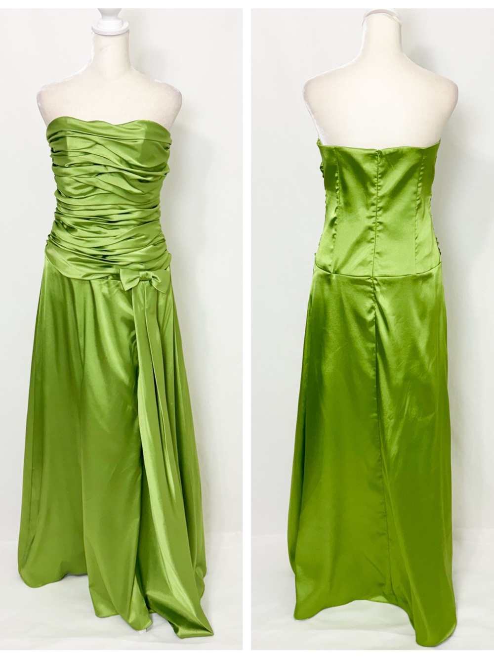 Y2K Strapless Ruched Satin Evening Dress with Bow Detail